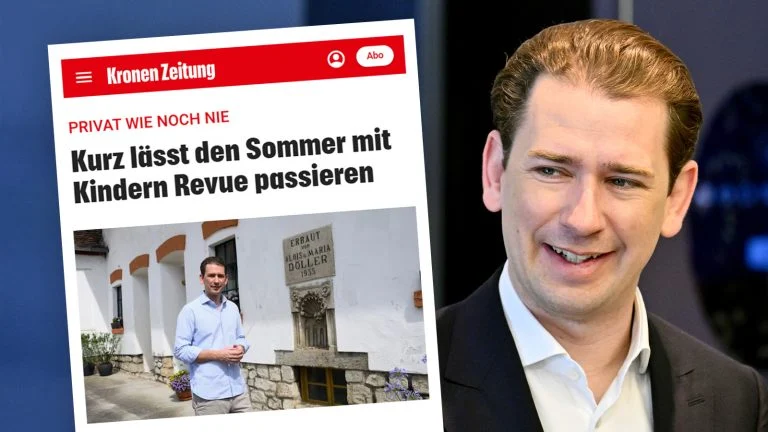 Das Bild zeigt den ursprünglichen Krone-Artikel und einen lächelnden Kurz.