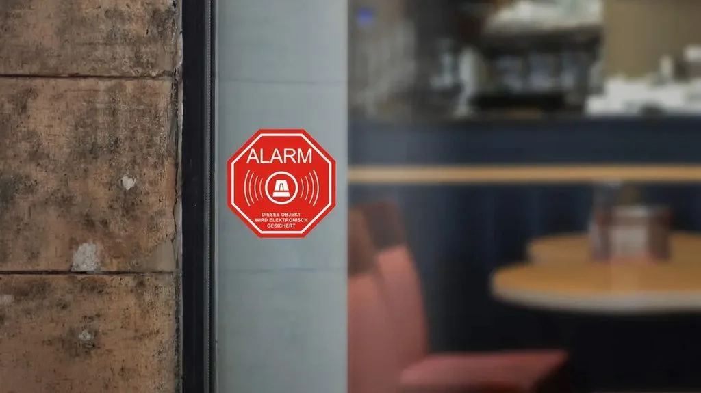 Fenster mit Aufkleber "ALARM"