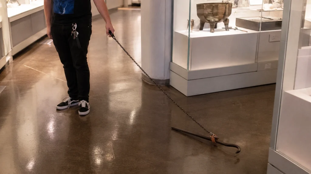 Das Bild zeigt eine Brechstange an der Leine in einem Museum.