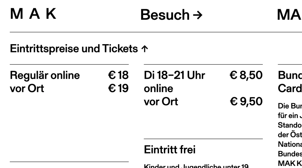 Screenshot MAK Eintrittskartenpreise