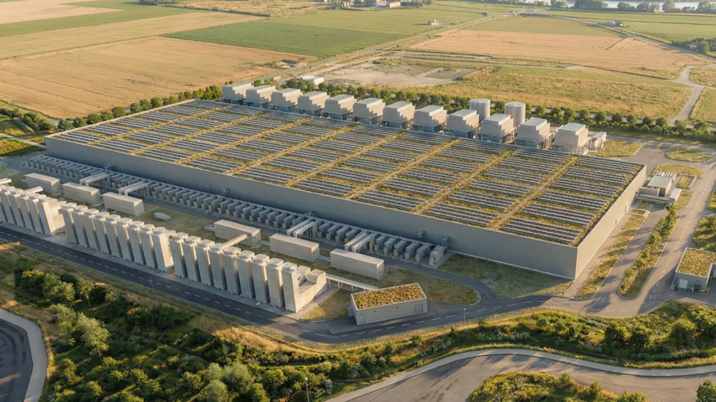 Das Bild zeigt einen Render vom Rechenzentrum in Kronstorf.
