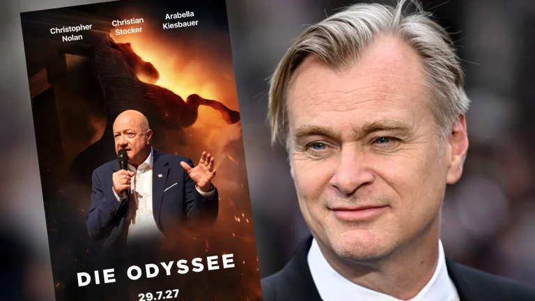 Das Bild zeigt ein Film-Poster von Die Odyssee mit Christian Stocker, daneben sieht man Christopher Nolan.