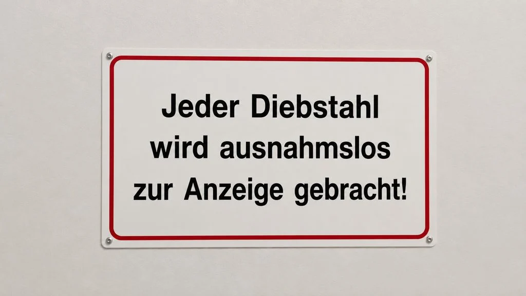 Schild mit Aufschrift "Jeder Diebstahl wird ausnahmslos zur Anzeige gebracht"