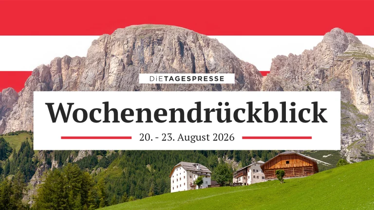 Das Bild zeigt eine österreichische Landschaft mit österreichischer Fahne im Hintergrund. In der Mitte des Bildes steht der Text "Wochenendrückblick, 20.-23. August"