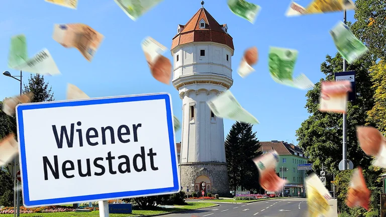 Das Bild zeigt den Wasserturm in Wiener Neustadt. Geld fliegt durch die Luft und ein Ortsschild ist abgebildet.