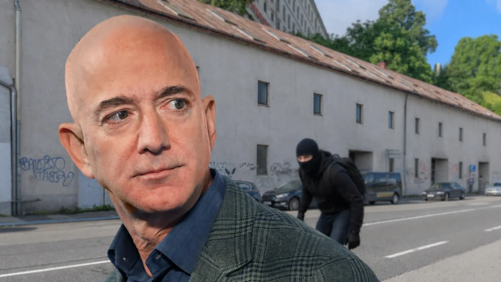 Das Bild zeigt Bezos in Linz. Hinter ihm schleicht sich ein maskierter Mann an ihn ran.