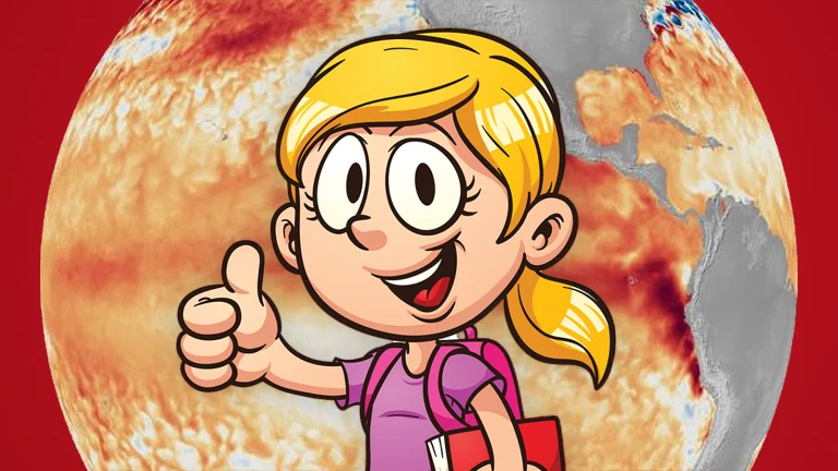 Das Bild zeigt ein Wetter-Satellitenbild und eine Comic-Figur die mit dem Daumen nach oben zeigt.