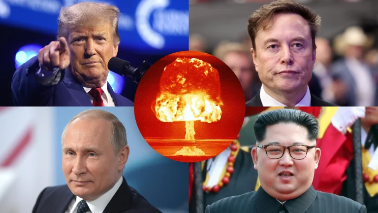 Das Bild zeigt Trump, Musk, Putin und Kim Jong-Un. In der Mitte ist das Bild eines Atompilzes.