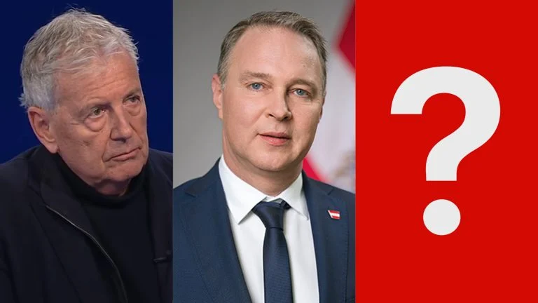 Das Bild zeigt Gerhard Zeiler, Andreas Babler und ein Fragezeichen.
