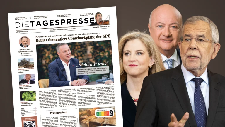 Das Bild zeigt das Cover der Tagespresse Print Ausgabe und Meinl-Reisinger, Stocker und Van der Bellen.