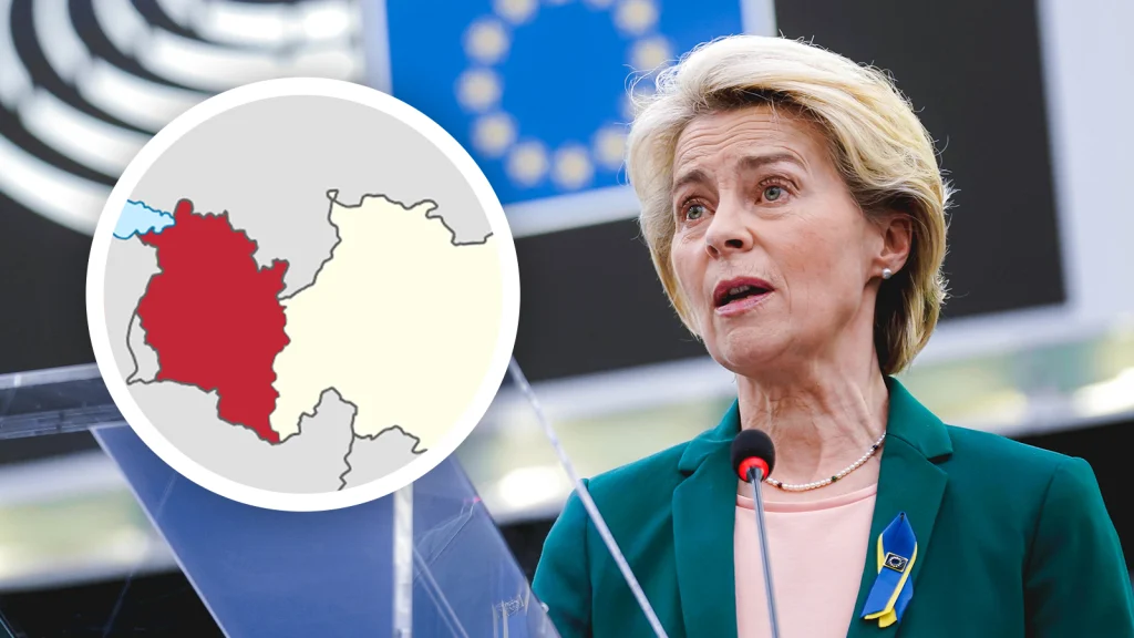 Das Bild zeigt Von der Leyen und eine Karte von Vorarlberg.