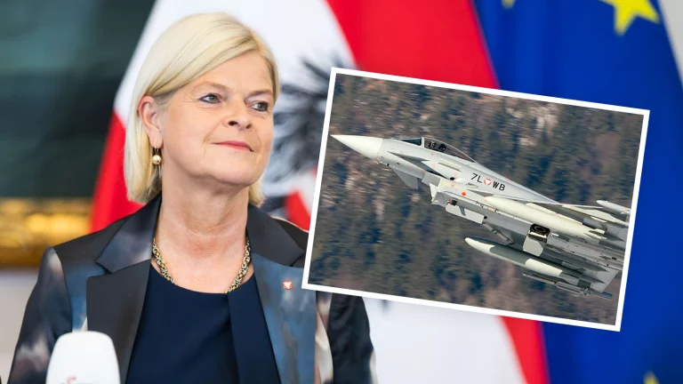 Das Bild zeigt Verteidigungsministerin Tanner. Neben ihr sieht man einen Eurofighter fliegen.