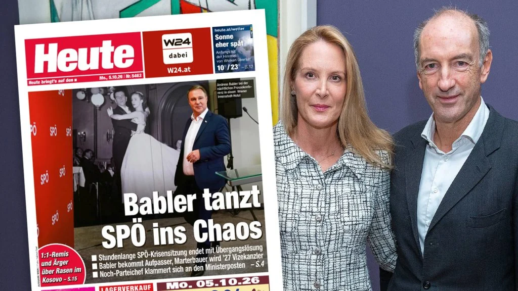 Das Bild zeigt Eva und Christoph Dichand neben der heutigen Ausgabe der Heute.