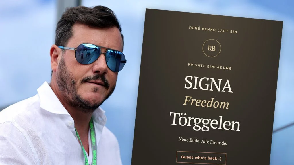 Das Bild zeigt Rene Benko, daneben sieht man den Umschlag einer Einladung.