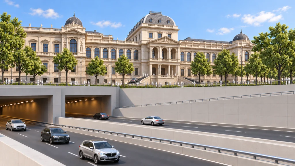 Das Bild zeigt ein 3D Rendering des Tunnels unter der Uni Wien.
