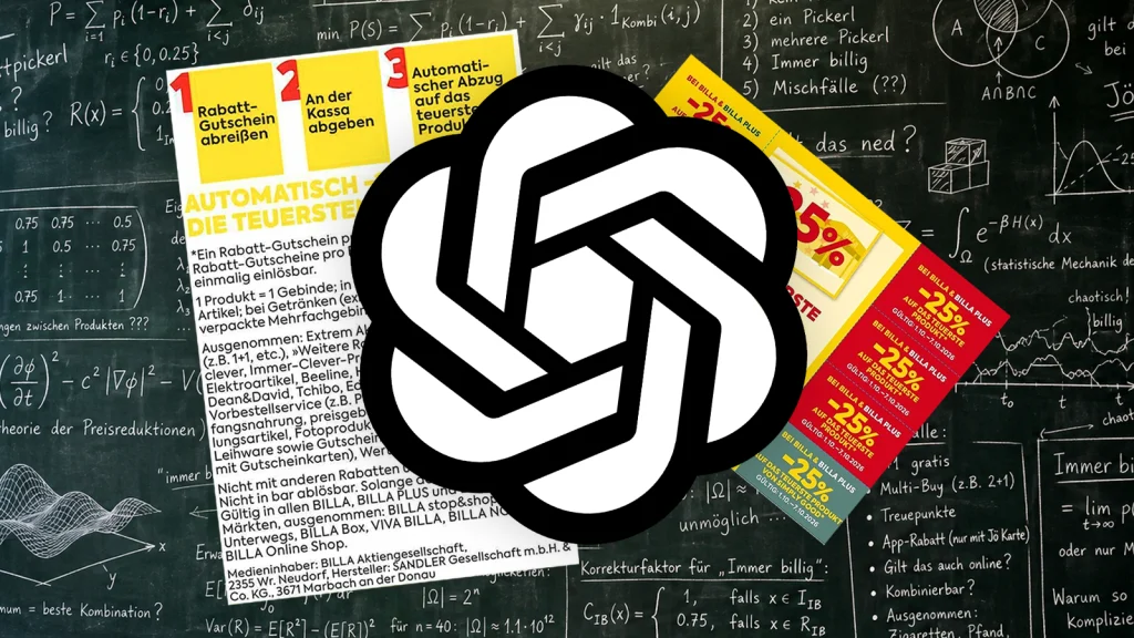 Das Bild zeigt die Aktionsbedingungen der Billa Rabattmarkerl und das OpenAI-Logo.