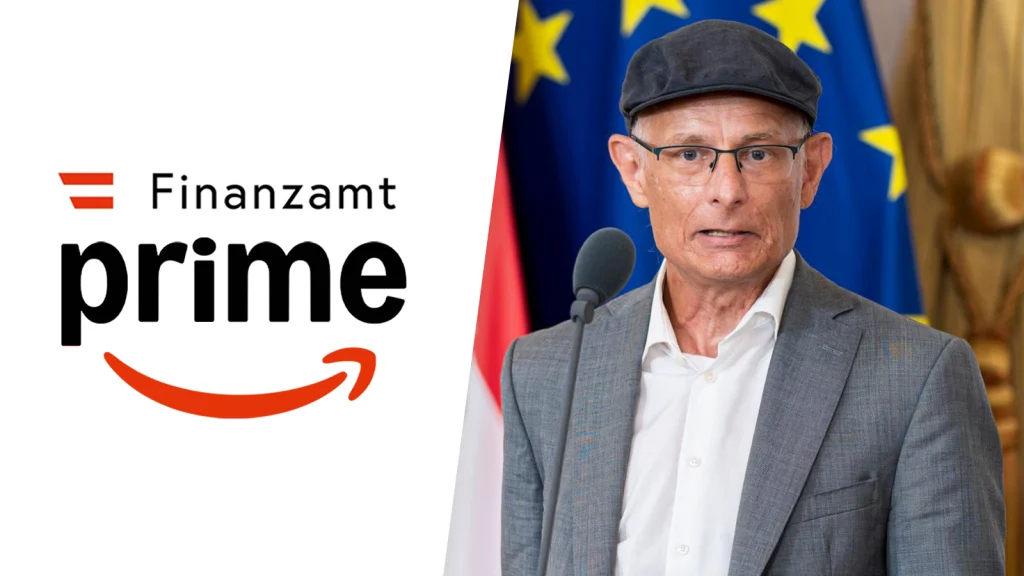Das Bild zeigt das Logo von "Finanzamt Prime" und Finanzminister Markus Marterbauer.