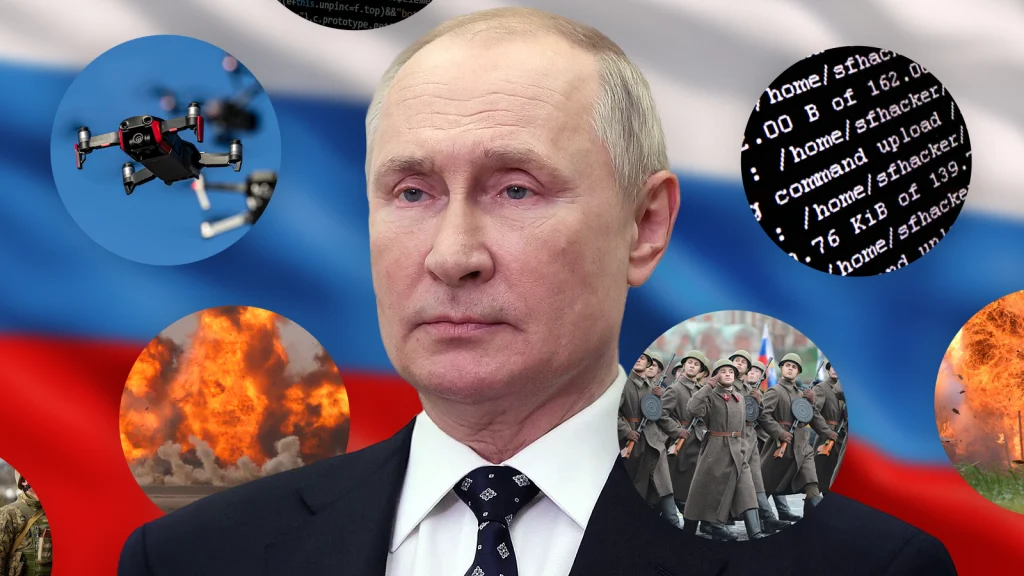 Das Bild zeigt Putin vor einer russischen Flagge. In kleinen Kreisen sieht man Drohnen, Hackerangriffe, Explosionen und Soldaten.