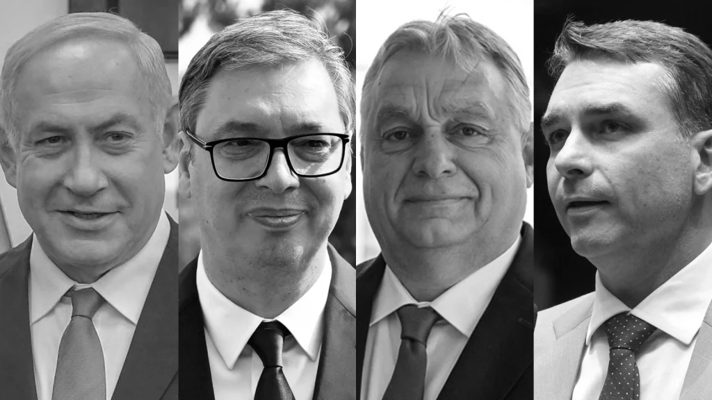 Das Bild zeigt Benjamin Netanjahu, Aleksandar Vucic, Viktor Orban und Flavio Bolsonaro.