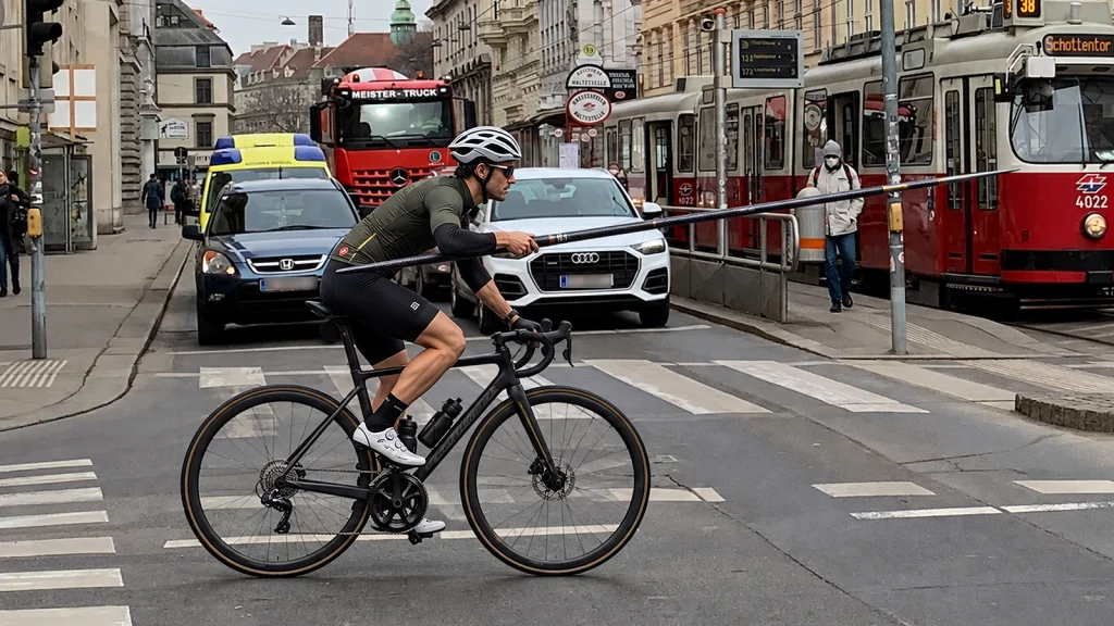Das Bild zeigt einen Rennradfahrer mit Lanze auf der Währinger Straße.