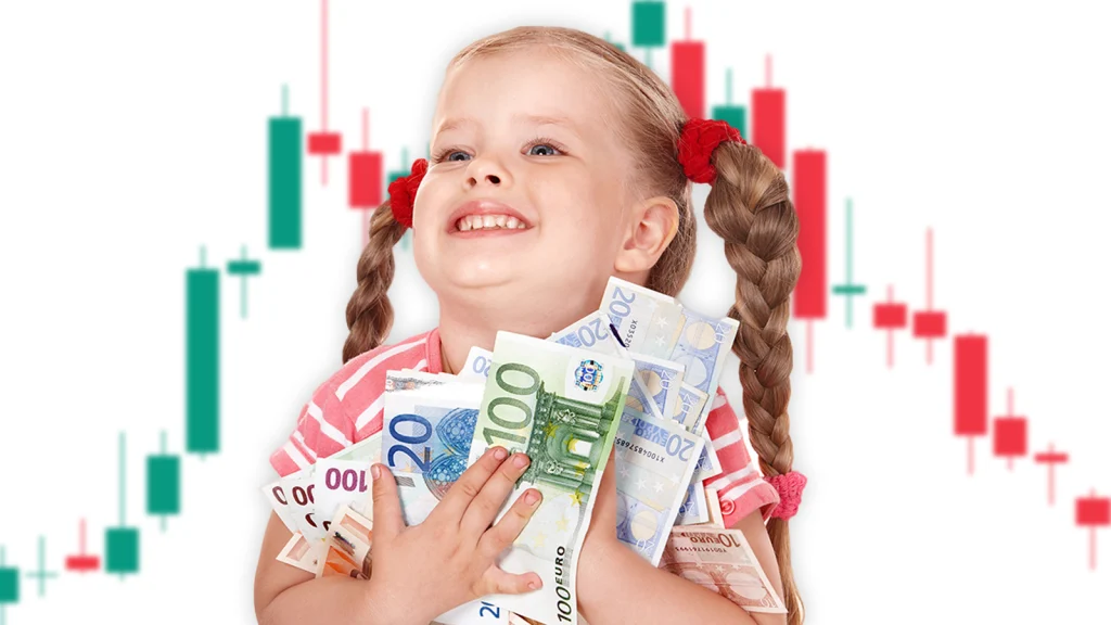 Das Bild zeigt ein Mädchen mit einem Haufen Euroscheinen in Händen. Im Hintergrund sieht man ein Candle-Bar-Chart.